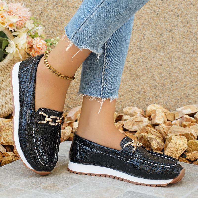 Metal Chain Decor Flat Pumps for Women Pu Leather Black Platform Loafers 2025 Summer Plus Size Thick Sole Non Slip Uniform Shoes
