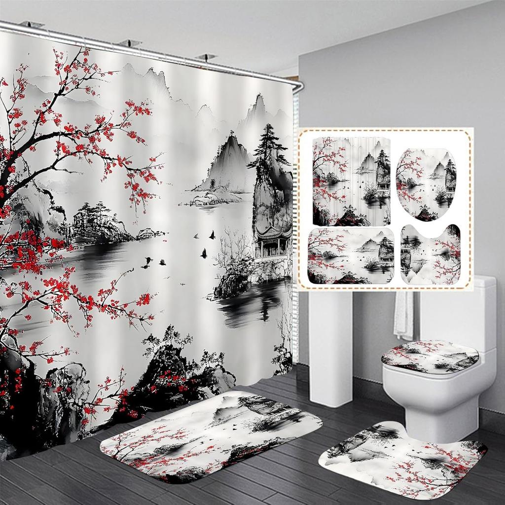 4-Piece Cherry Blossoms Shower Curtain Set Mountain Bathroom Set with Shower Curtain and Rugs, Japanese Style Bath Curtain with