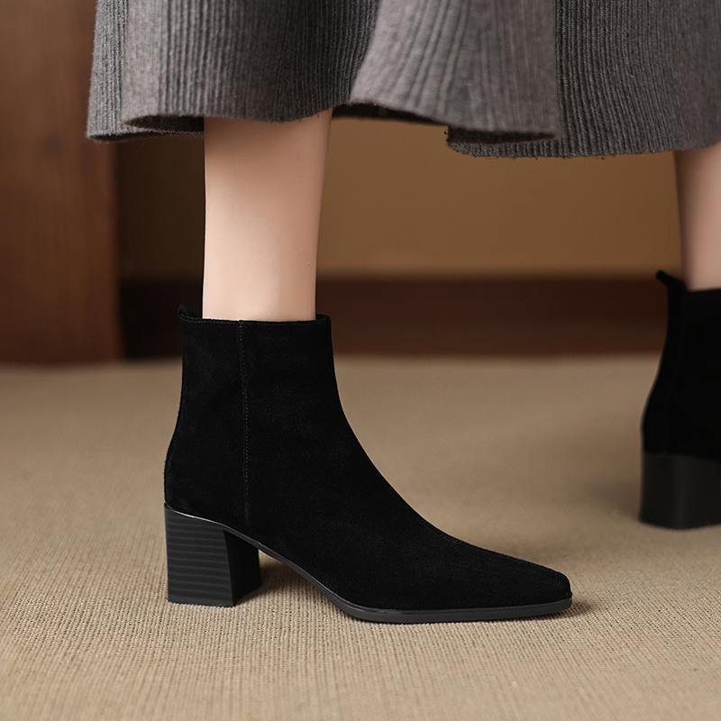 Krazing Pot Cow Suede Nubuck Winter Round Toe Chunky Heels Fashion Boots Women Zipper Retro Elegant Women Ankle Boots