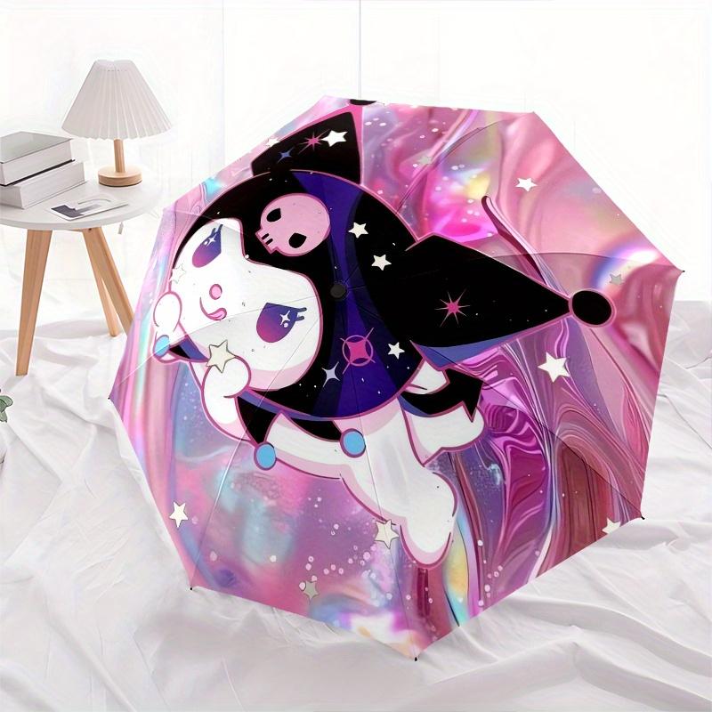 Kuromi Automatic Folding Umbrella-Simple 8-Rib Design, Bright Cartoon Pattern, Durable Iron Frame, Suitable For Travel, Outdoor, Beach-Cute