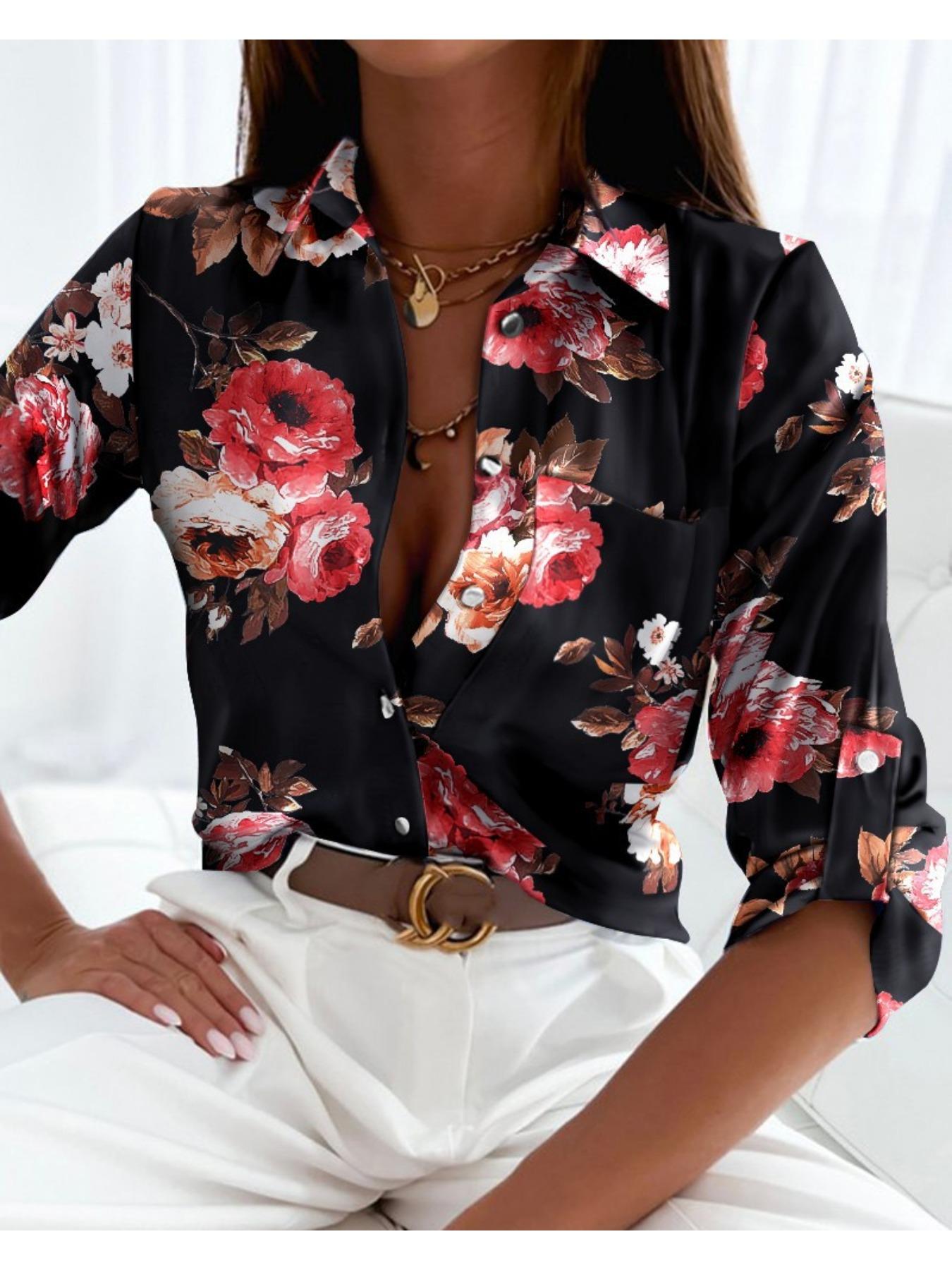 

Отложной воротник с принтом, длинные рукава, рубашки, женские пуговицы, футболки, женские блузки, повседневный топ XL