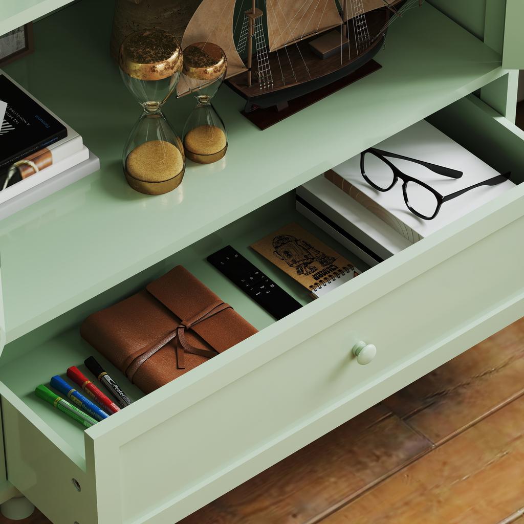 Minimalist buffet cabinet with two glass doors and drawers, wooden sideboard for living room, dining room, hallway and entrance area (mint green)
