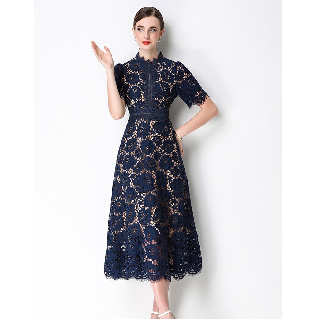 High Quaity Solid Lace Hollow Out Summer Dress for Women Elegant Stand Collar Short Sleeve Slim Midi Dresses