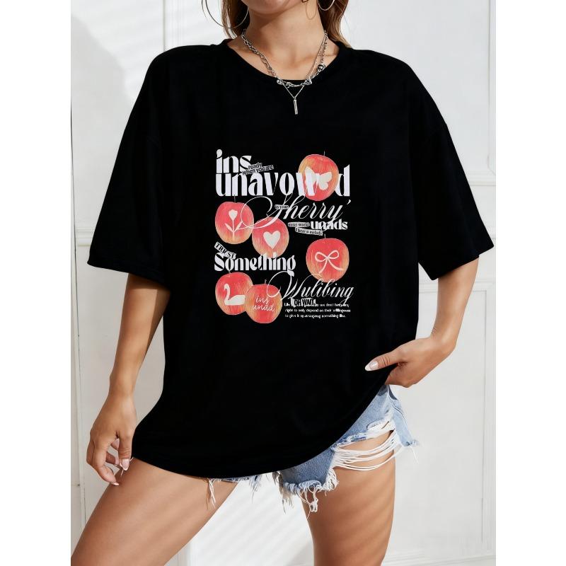 

White Oversized T Shirt With Apple And Butterfly Print For Casual Wear M чёрный