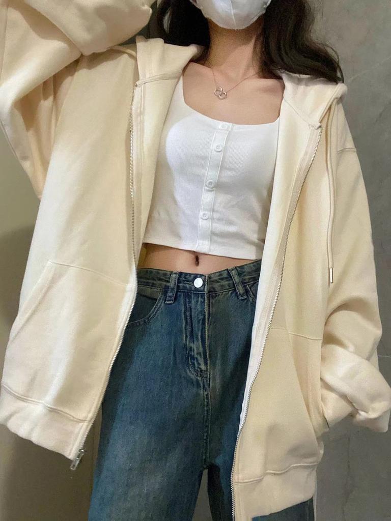 Hooded Zip Cardigan Sweatshirt Women Spring Autumn New Korean Style Loose Casual Slim Fit Lazy Style Outerwear