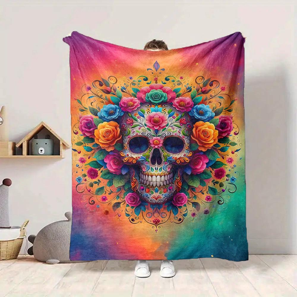 1pc Skull Artwork Soft & Warm Polyester Knit Blanket, Digital Printed, All-Season Throw for Napping, Traveling, Sofa yy250906027