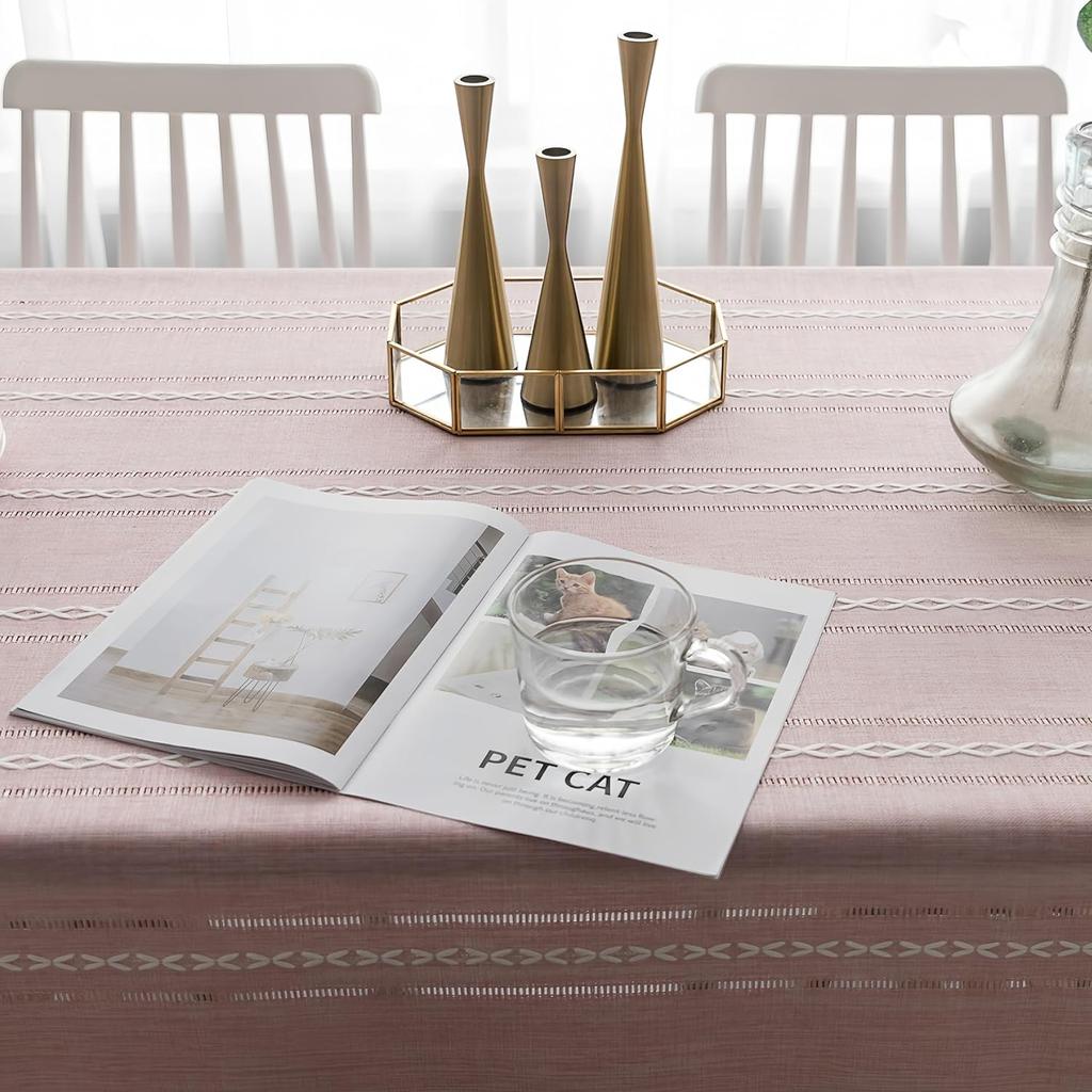 Tassel Tablecloth Pink Cotton Linen Soft Stripe Stain Resistant Dust-Proof Table Cover for Kitchen Dinning Tabletop Decoration