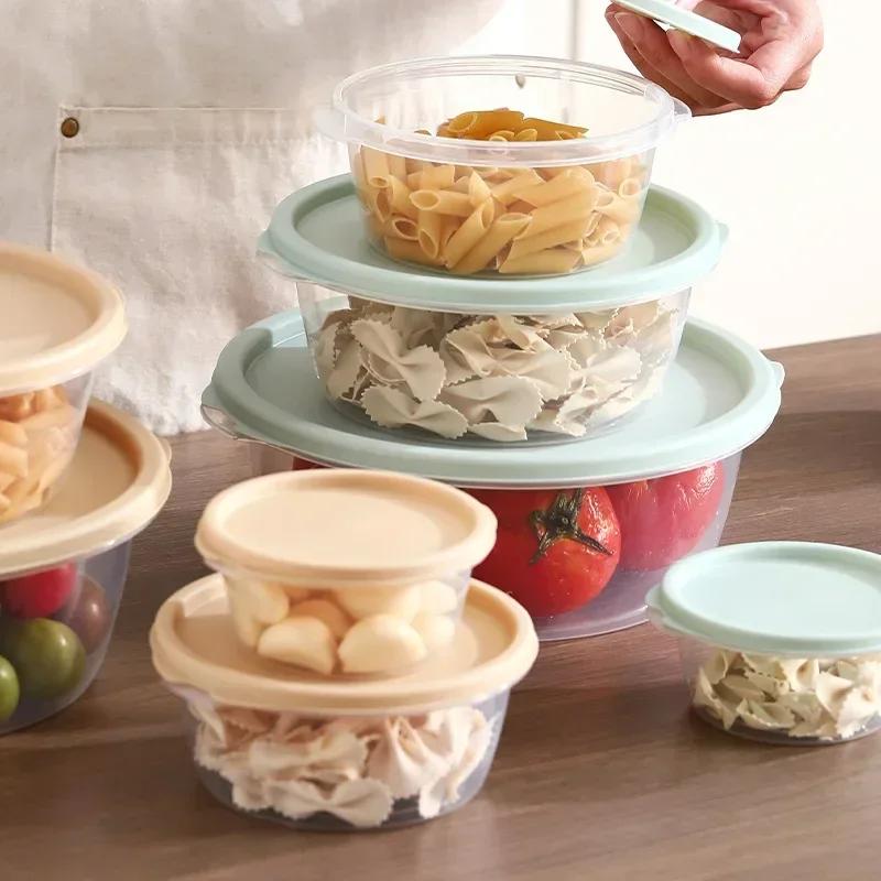 Round Food Fresh Keeping Box with Lids Plastic Grains Storage Jar Microwaveable High Temperature Resistant 250/550/1100/2050ml