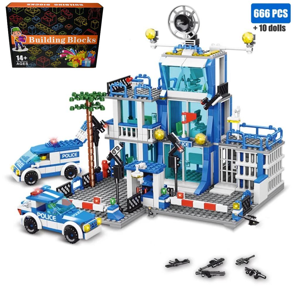 666 Teile Stadtpolizeistation Bausteine Konstruktionsmodell Spielzeug mit Auto & Hubschrauber für Jungen Weihnachtsgeschenk Kinder Pädagogisch