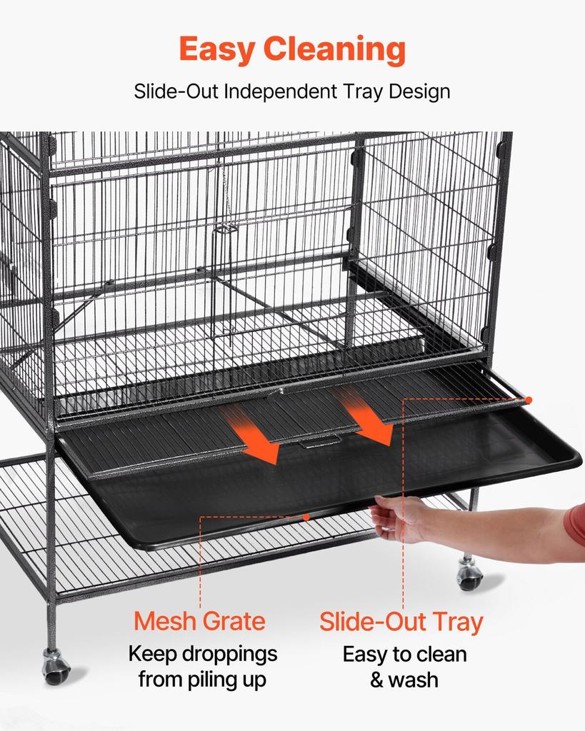 Bird Cage, 800 x 520 x 1320mm, Flat Top, Wrought Iron Bird Flight Cage with Perches, Slide-Out Tray and Plastic Feeders, Casters, for Parrot, Blue