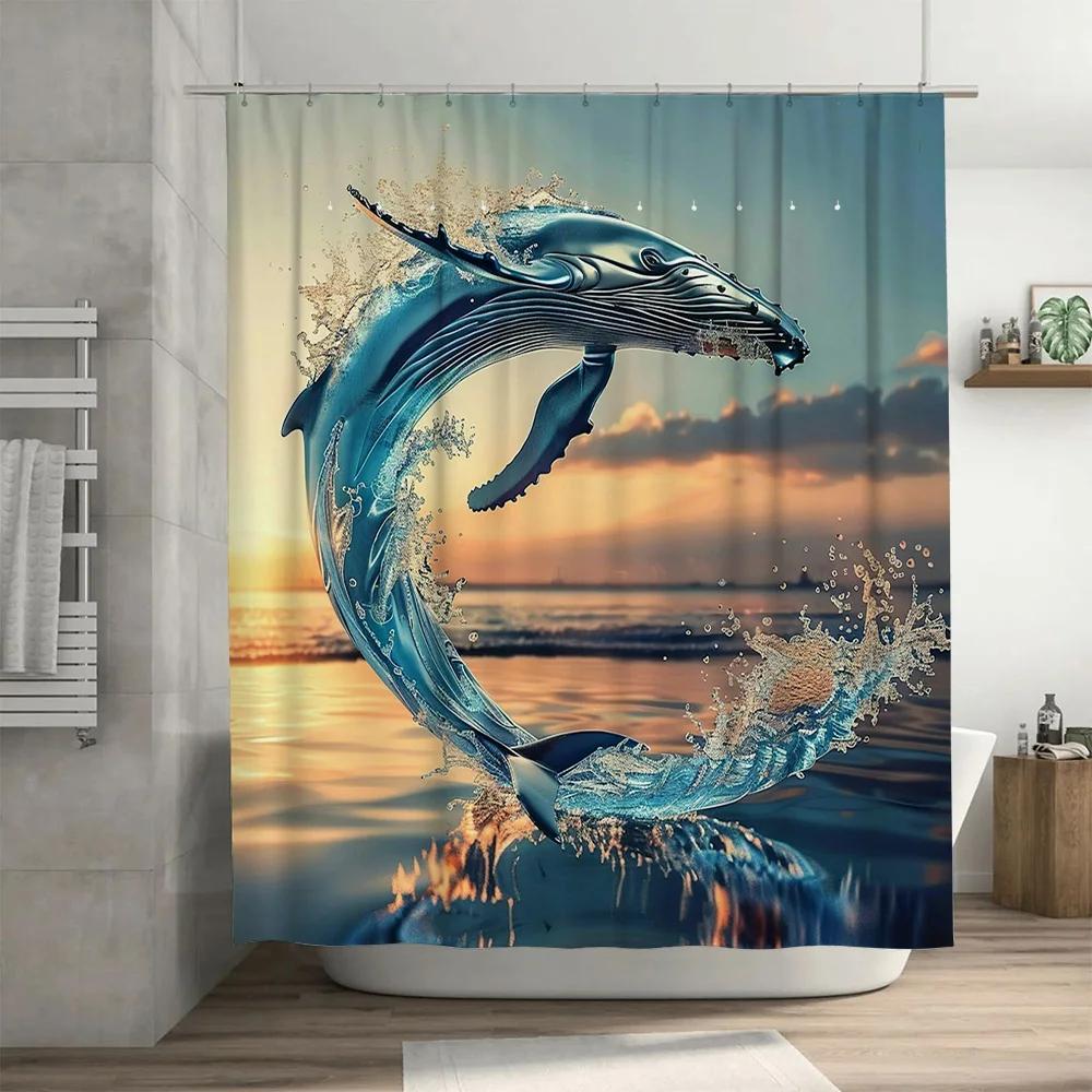 Blue Whale Print Shower Curtain Waterproof Bath Decor for Bathroom Luxury Decoration Home Textile Customizable Size Available fr