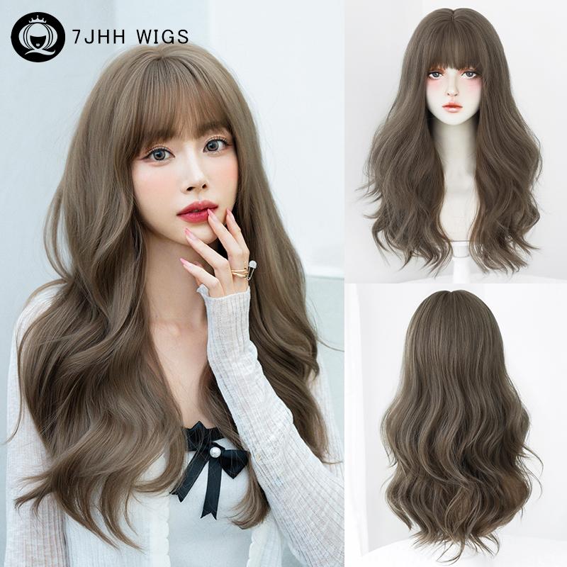 7jhh Wigs Loose Body Wavy Pink Brown Wigs With Dark Roots High Density Synthetic Wavy Ombre Hair Wig For Women Party Lolita Wigs