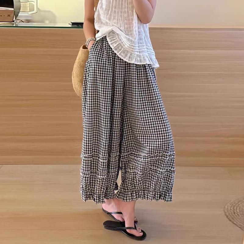 Lace Plaid Bloomers Women's Summer Thin New Lazy Style High Waist Loose and Thin Nine-point Casual Pants