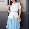 ZANZEA Womens Casual Round Neck Pleated Hem Patchwork Commute Short Sleeve Dress