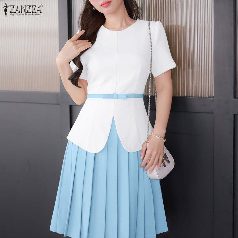 ZANZEA Womens Casual Round Neck Pleated Hem Patchwork Commute Short Sleeve Dress