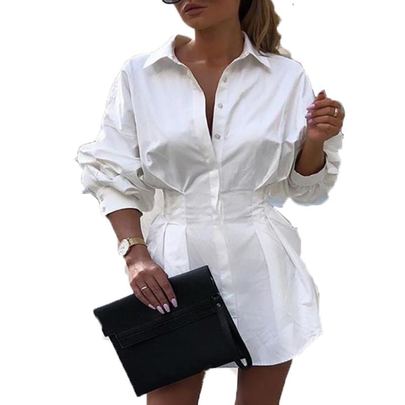 

Женская летняя рубашка с длинным рукавом и лацканами, плиссированная талия, однотонное платье-рубашка S белый