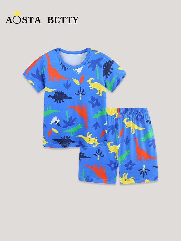 AostaBetty Boys' Casual Summer Short Sleeve Set - European & American Style Two-Piece Homewear