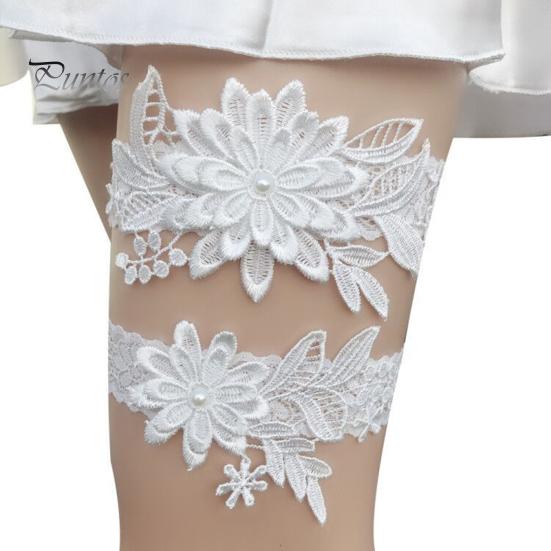 Elegant Embroidery Lace White Garters 1 Pair Faux Bridal Wedding Pearls Decor Bride Elasticity Sweet Style