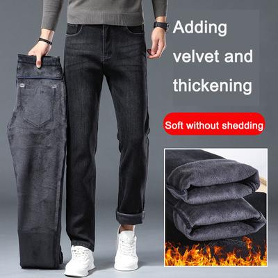Plush Denim Jeans For Men In Winter, Thick And Elastic, Loose Fitting Straight Leg Pants, Versatile And Casual Warm Pants For Men