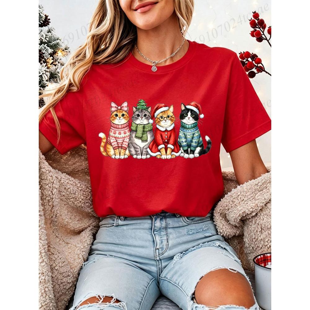 Xmas Cats Printed T‑Shirt Women Funny Cat Graphic Christmas Party Casual Short Sleeve Tops Family Holiday