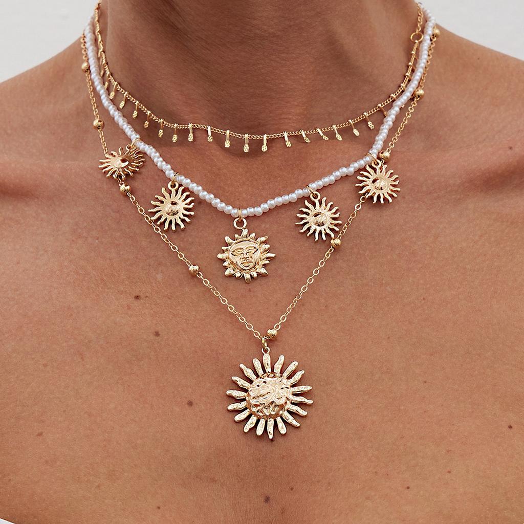 Jewelry, simple ethnic imitation pearl beaded necklace, niche design sun pendant collarbone chain women