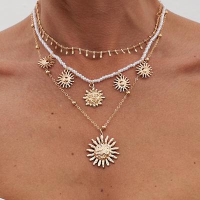 Jewelry, Simple Ethnic Imitation Pearl Beaded Necklace, Niche Design Sun Pendant Collarbone Chain Women