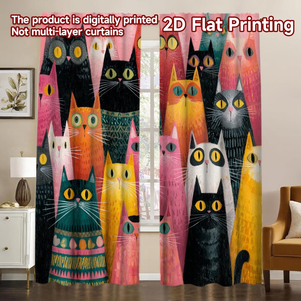 

Set Of 2 Flat Printing Colorful Cat Gathering Chic Curtain Fabric Versatile Polyester Curtains Home Decor Perfect Living W100*H70(CM)-Rod Pocket&2PCS