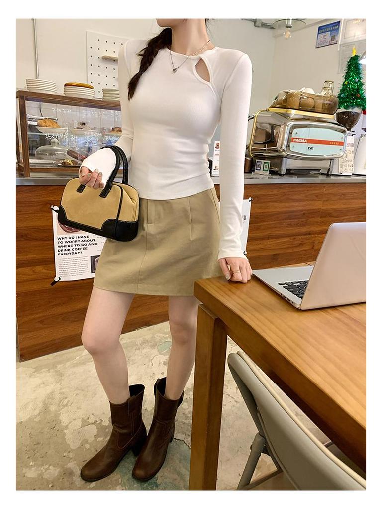 Women's Slim Fit Long Sleeve T-shirt - Pure Desire Collection: Hollow Round Neck, Drop Shoulder, Inner Layer for Autumn/Winter