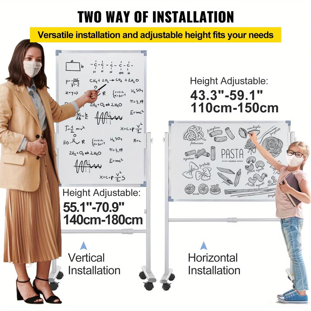 Mobile Magnetic Whiteboard, Writing Board Rolling Eraser Board Adjustable Height with Aluminum Frame and Lockable Rotating Wheel