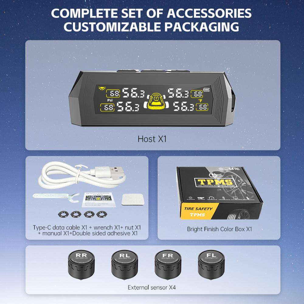 0-6.8Bar Digital LCD Display T21 Automobile Accessories Tyre Temperature Monitor USB / Solar TPMS