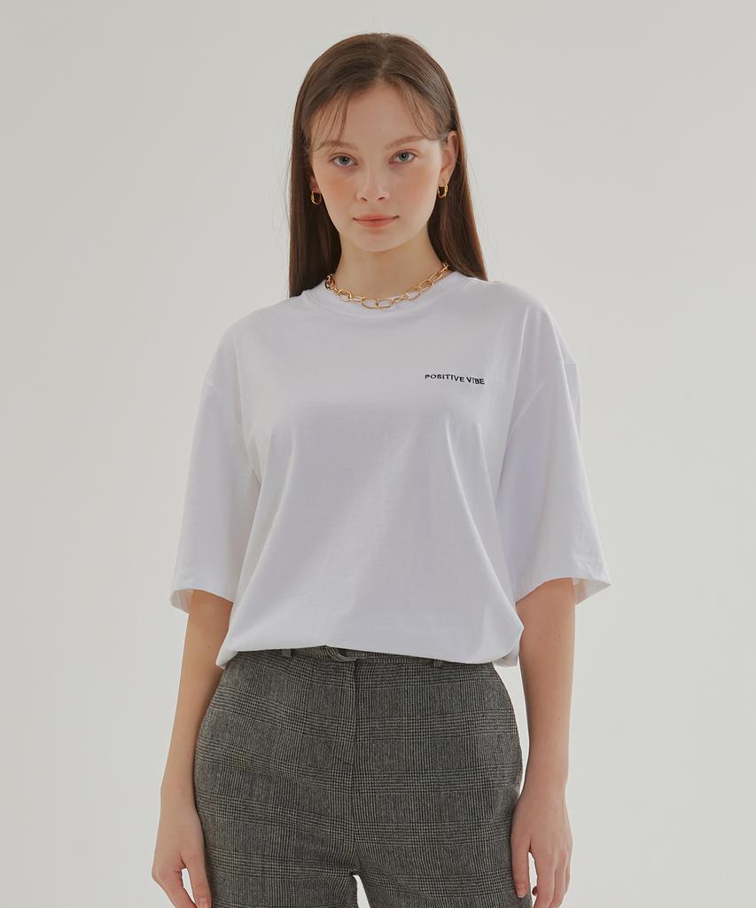 Pojitibeubaibeu [Unisex] Logo-Embroidered Oversized Cotton-Jersey T-Shirt(White)