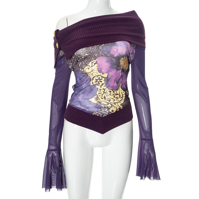 

Женский модный сетчатый топ с открытыми плечами в стиле пэчворк S фиолетовый