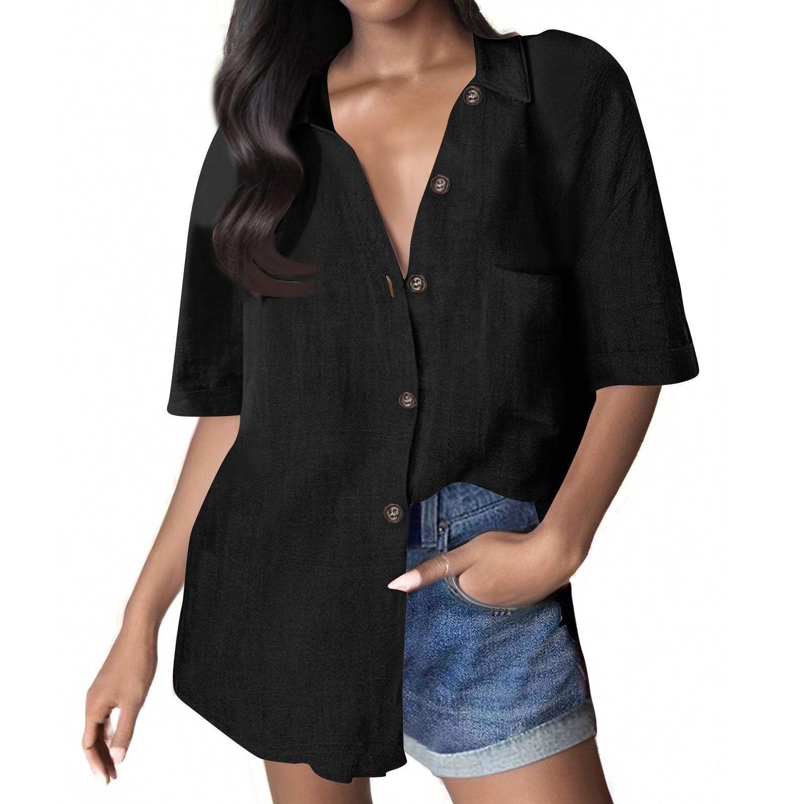 

Женская однотонная рубашка свободного покроя из хлопка и льна с коротким рукавом и застежкой на пуговицы, с карманом M чёрный