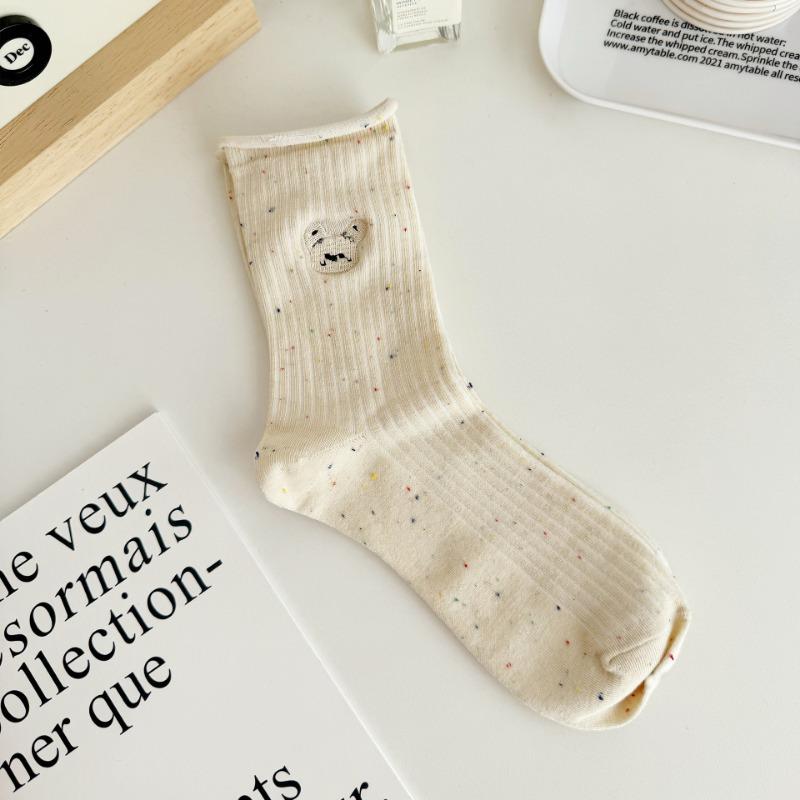Female Spring and Autumn Trend Cartoon Dog Embroidery Idea Yarn Roll Edge In The Tube Pile Socks