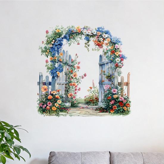 Removable Garden Gate Wall Decal Spring Flowers Peel And Stick Wall Art Waterproof Self Adhesive Mural Decal for Bedroom Office Bathroom