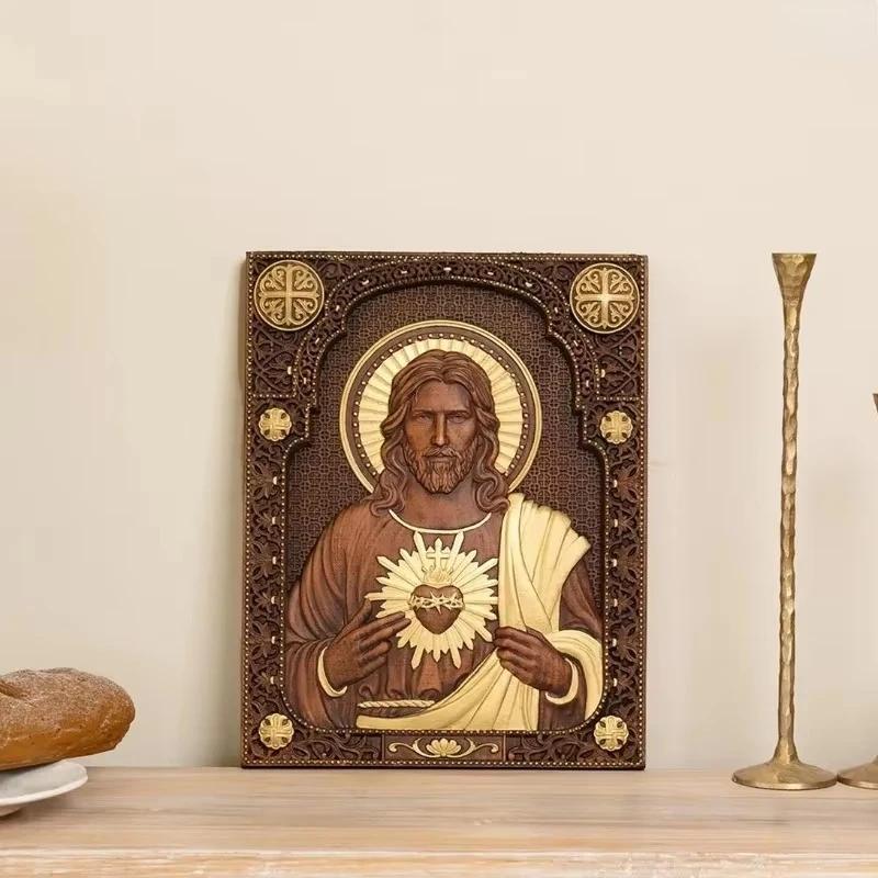 Sacred Heart of Jesus Catholic Jesus Statue, Religious Wooden Plaque, Wall Hanging, Church Room, Home Decoration, Christmas