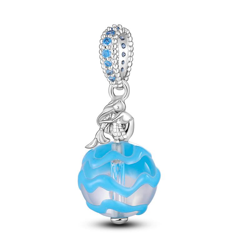 925 Sterling Silver Blue Ocean Flower Feather Luminous Glass Charms Fashion Beads Fit Brand 3mm Original Bracelets DIY Jewelry