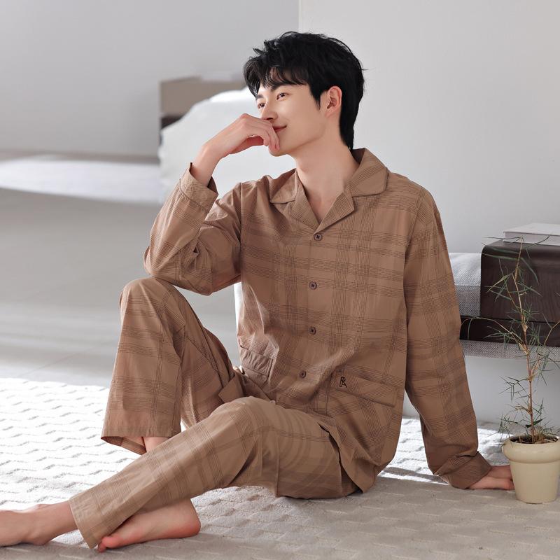 Pajamas Men'S Spring And Autumn Autumn Woven Cotton Gauze Casual Long Sleeves Cotton Loungewear Men'S Suit