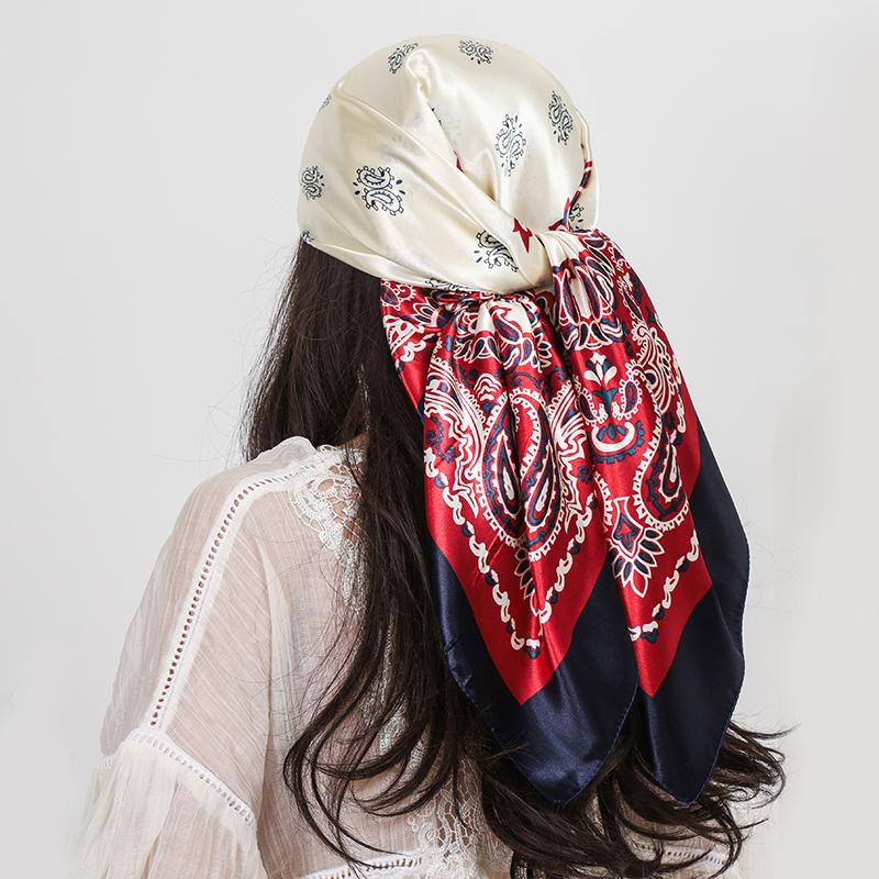 90cm Square Silk Scarves Women Hijab Shawls Paisley Cashew Flower Print Kerchief Femme Head Scarf Foulard Bandana Beach Pareo