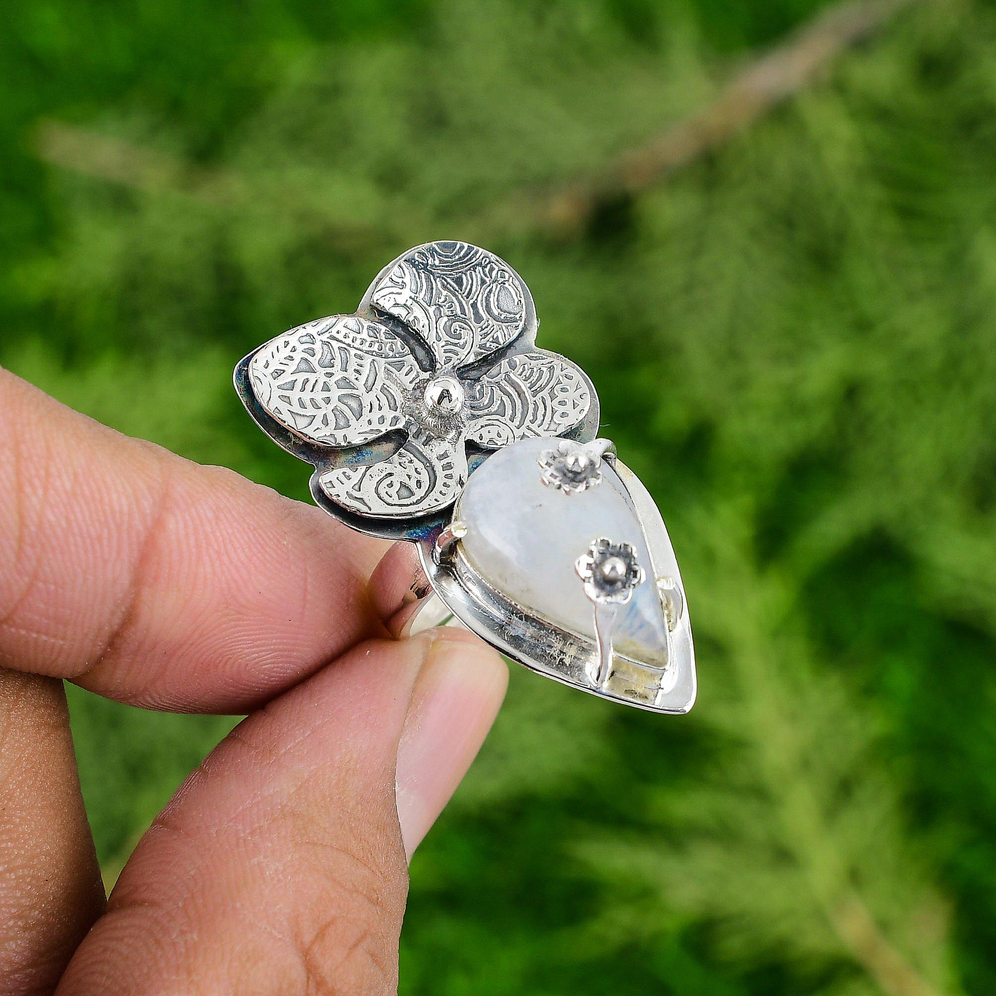 

Радужный лунный камень драгоценный камень 925 стерлинговое серебро этническое кольцо-цветок сестры ювелирные изделия Adjustable