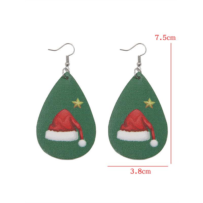 Teardrop Santa Hat Leather Earrings - Double-Sided Star Print PU Dangle Earrings for Christmas