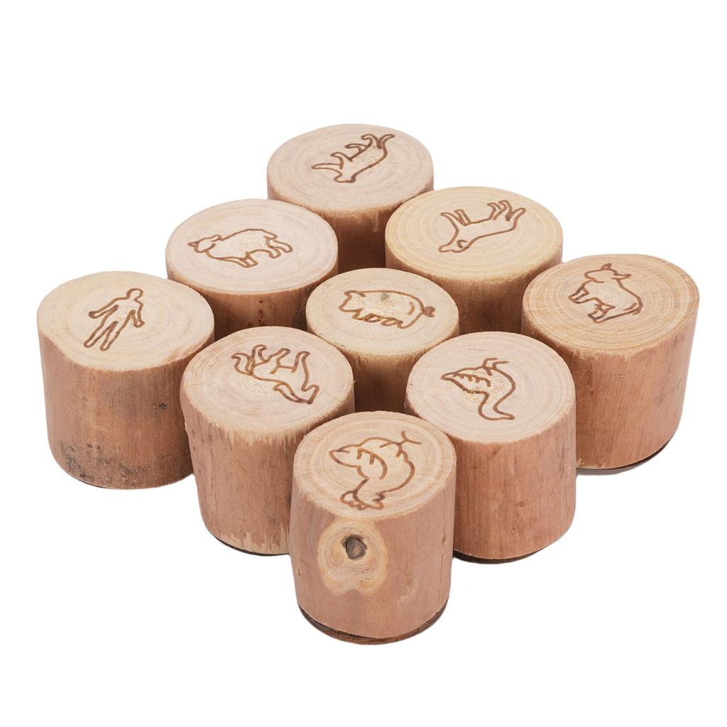 9PCS Animal Pattern Stamps Sandal Wood Multifunctional Decorative Animals Print Stamps for Scrapbook