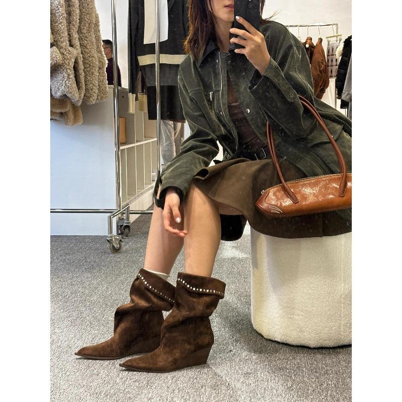 Sheepskin Version Pointed Toe Heel Temperament Suede Stacking Boots Women's Rivets Korean Height-increasing and Thin Boots Retro Western Boots