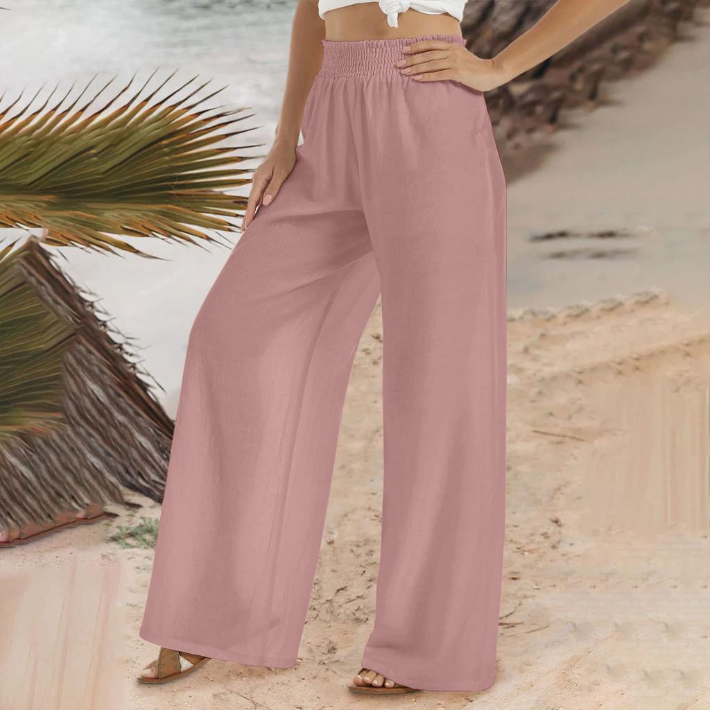 Women's Four Seasons Solid Colours Cotton Linen Elastic Waist Belts with Wide Beach Long Trousers Plain Loose Trousers