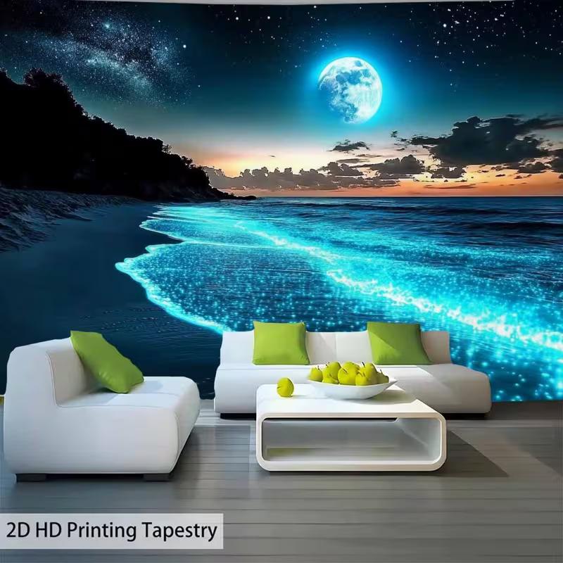 2D Ocean Night Scene Tapestry Glowing Beach Moon Starry Sky Wall Hanging for Home