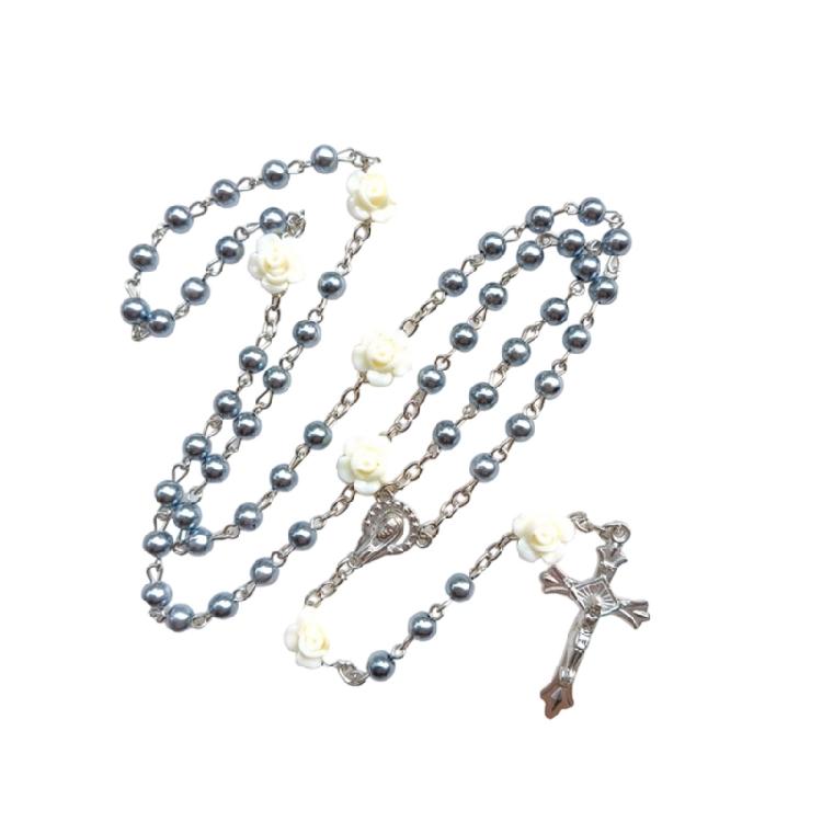 Devotional Rosary Necklace for Women, Acrylic Pearl Beads With Crosses, Fashionable Spiritual Wear