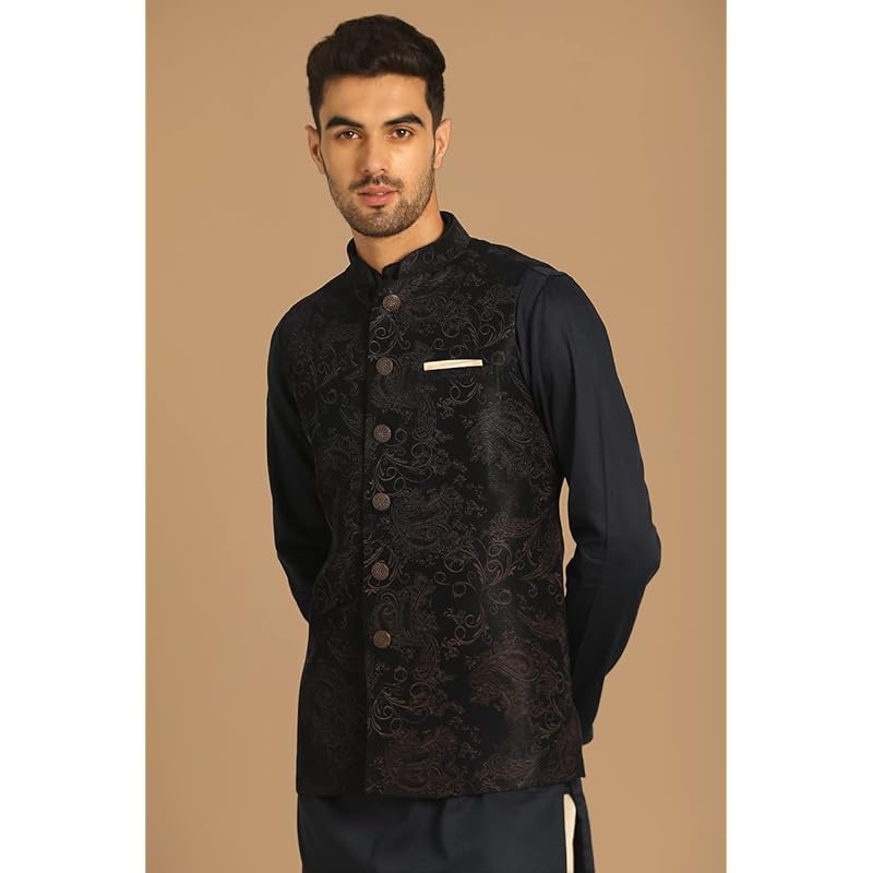 

Manyavar Kurta Jacket Pencil Pant Set, Blended Rayon Full Sleeves Mandarin Collar Printed Ethnic Wear for Men (Blue, XL) XL синій