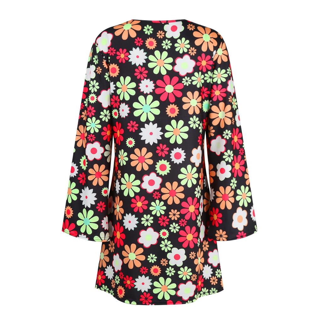 Women's V-Neck Long Sleeved Dress With Casual Floral Print Flared Sleeve Skirt