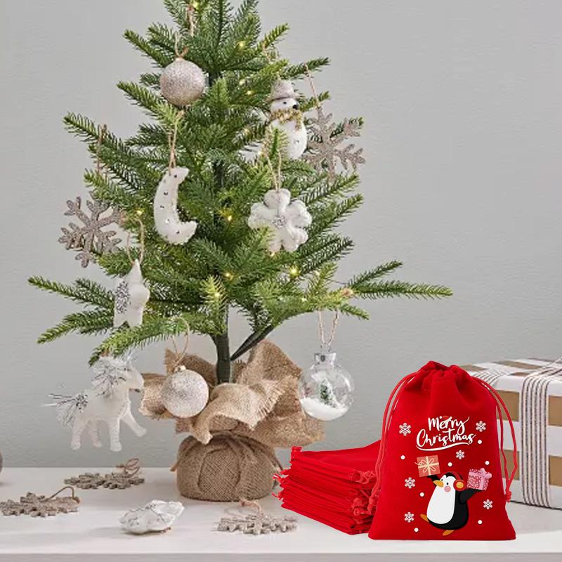 6/8/12Pcs Drawstring Gift Bags Red Green Cartoon Patterned 2025 Packaging Bags For Party Favors Velvet Christmas Candy Bag