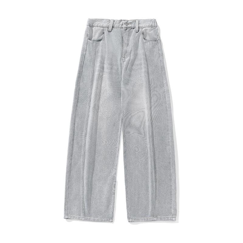Men Loose Fit Washed Denim Jeans American Vintage Side Split Tapered Long Pants